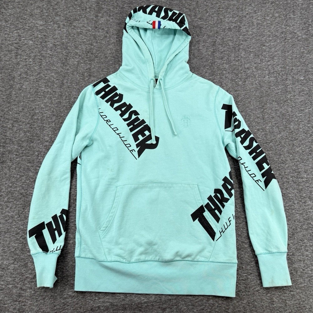 HUF x Thrasher Hoodie Mens Small Mint All Over Print Logo Skate Worldwide Collab